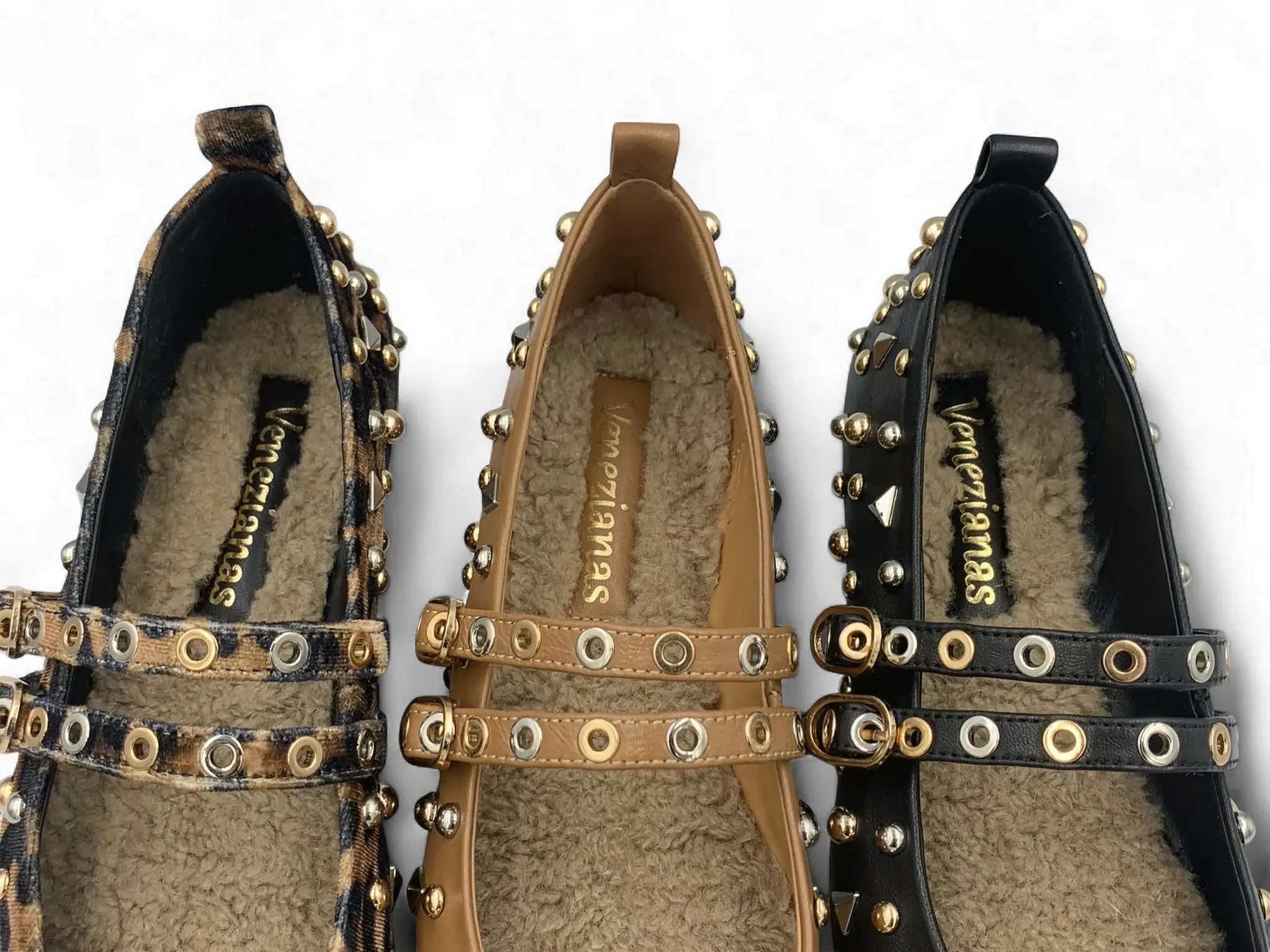 Bailarina Cortina Venezianas en leopardo, camel y negro con doble tira de tachuelas