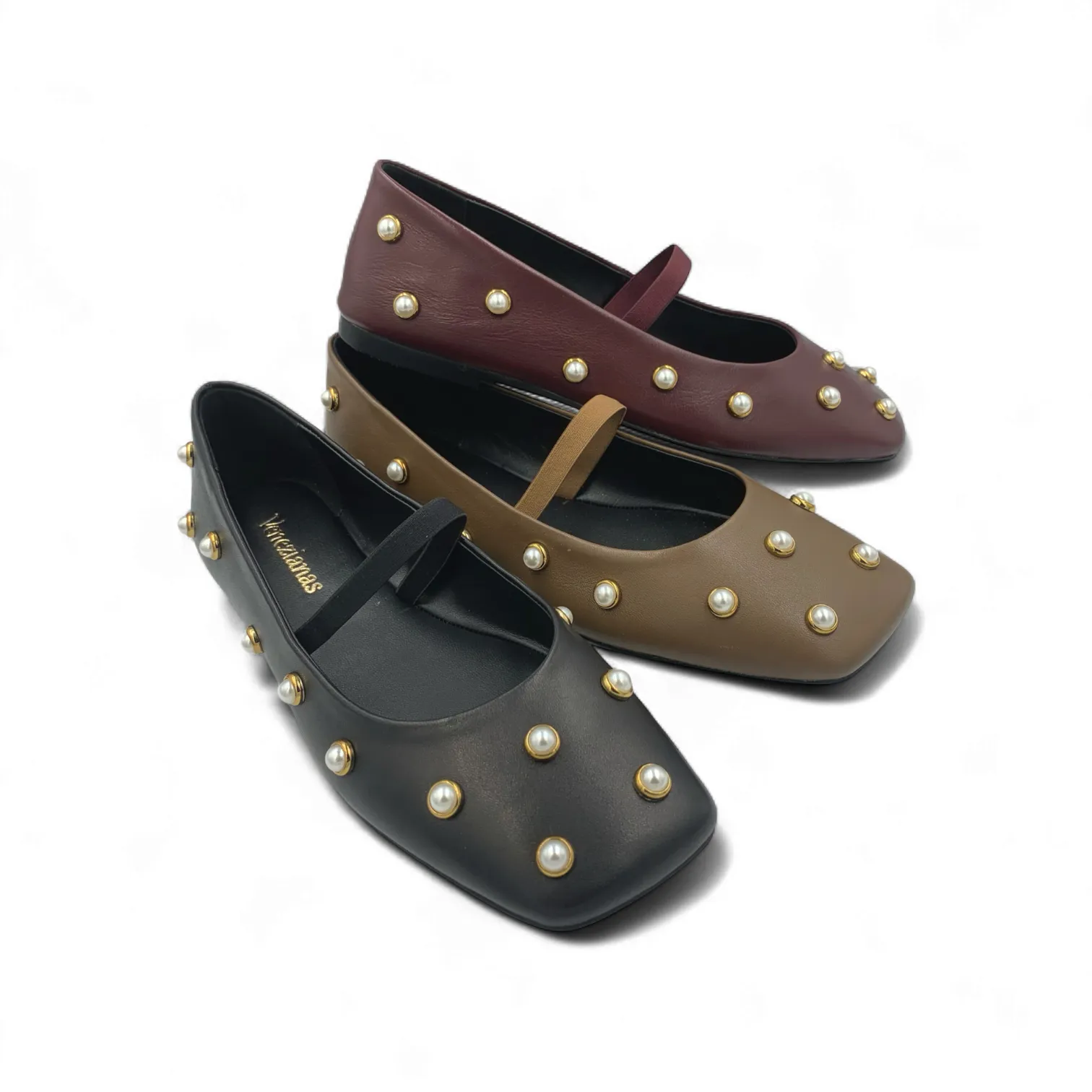 Bailarina Merano Venezianas con perlas y diseño elegante en negro, camel y vino